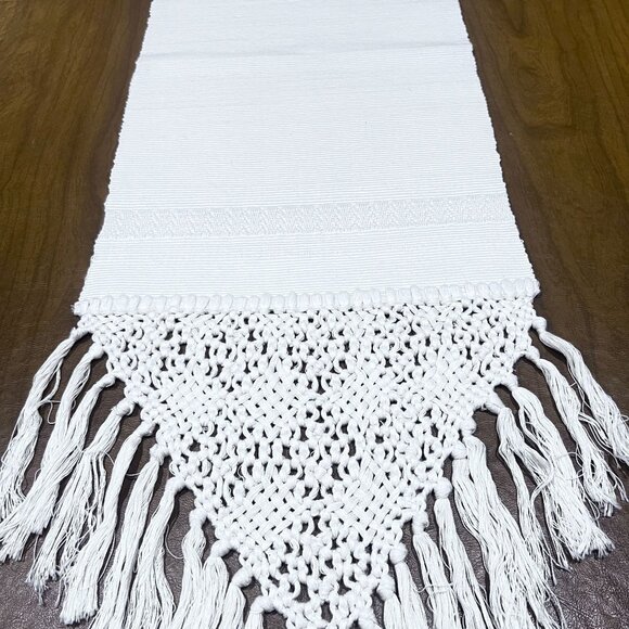 Boho Handcrafted Macrame Fringed Ivory Table Runner Intricate Design 82X13" - Picture 3 of 6